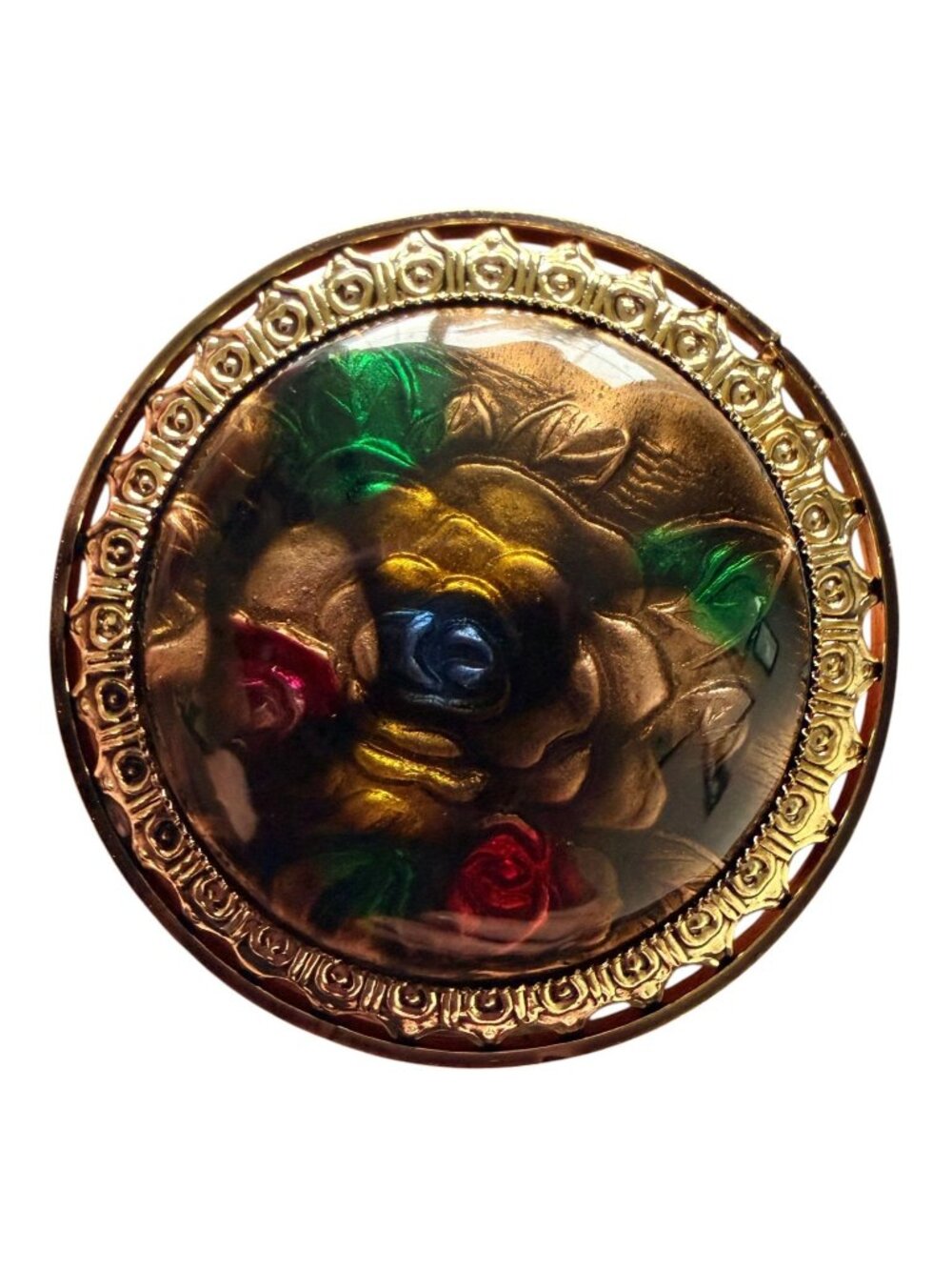 Vintage Reverse Carved Lucite Brooch Gold Tone Floral Pin 1950s New Old Stock